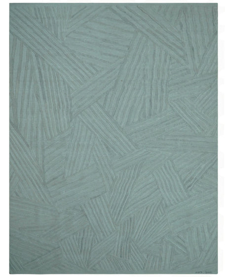 Modern Geometrical Pattern Ivory and Silver Hand Knotted 10x13 Wool Rug