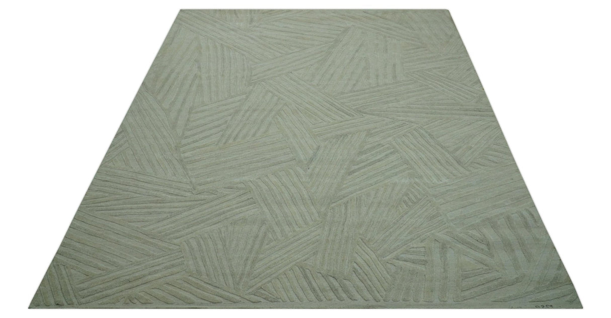 Modern Geometrical Pattern Silver Hand Knotted 10x13 Wool Area Rug