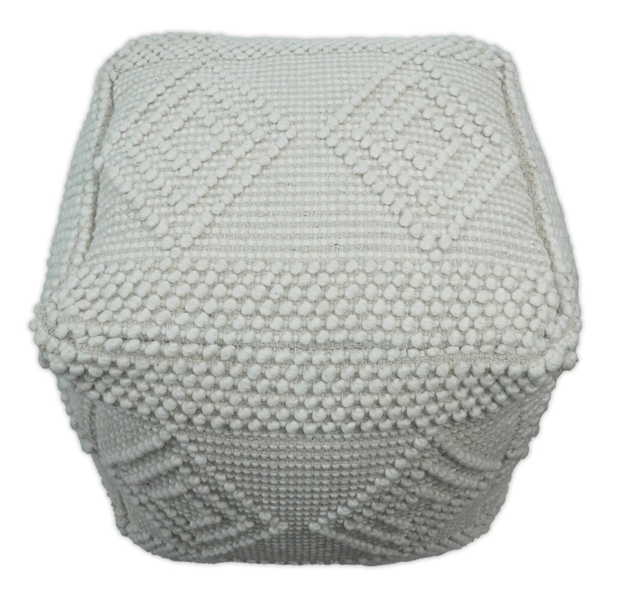 Modern Geometrical Pattern White Hand Woven Wool Pouf