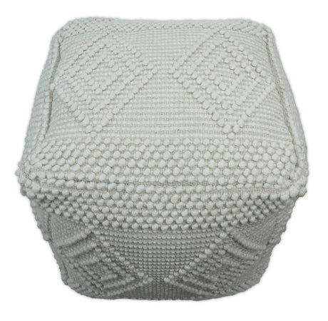 Modern Geometrical Pattern White Hand Woven Wool Pouf