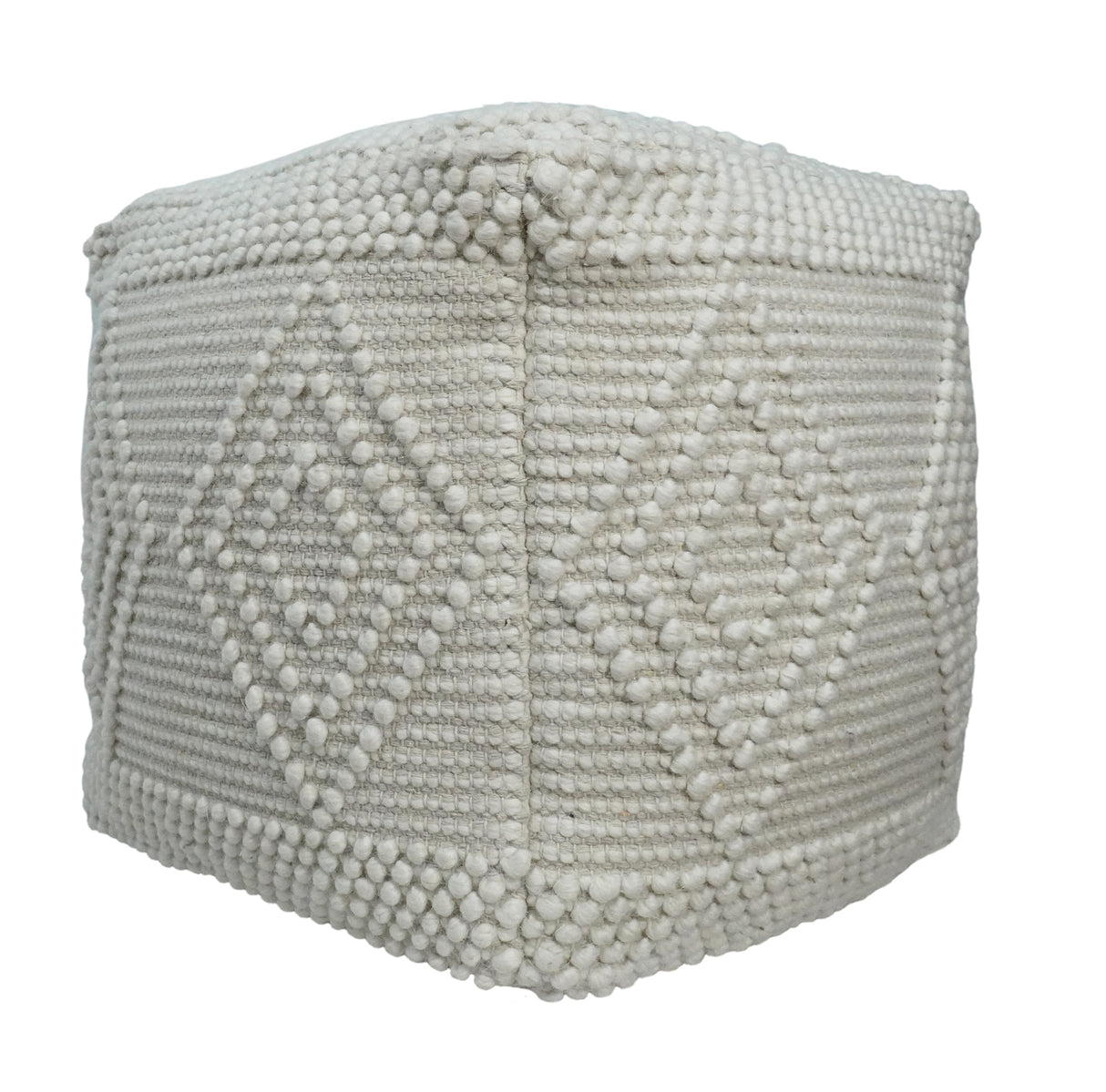 Modern Geometrical Pattern White Hand Woven Wool Pouf
