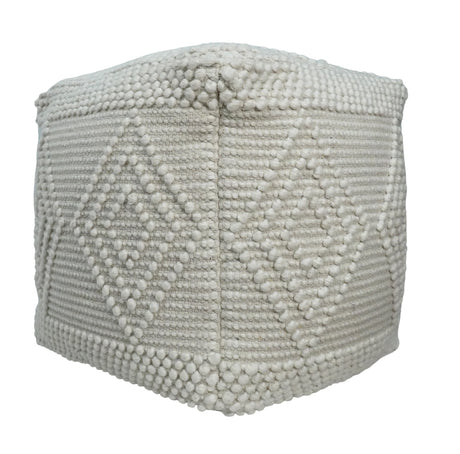 Modern Geometrical Pattern White Hand Woven Wool Pouf