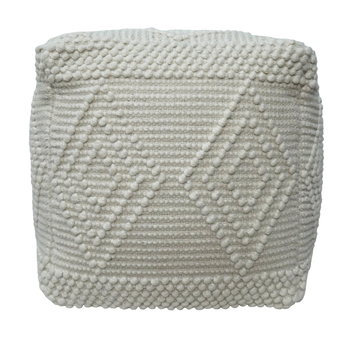 Modern Geometrical Pattern White Hand Woven Wool Pouf