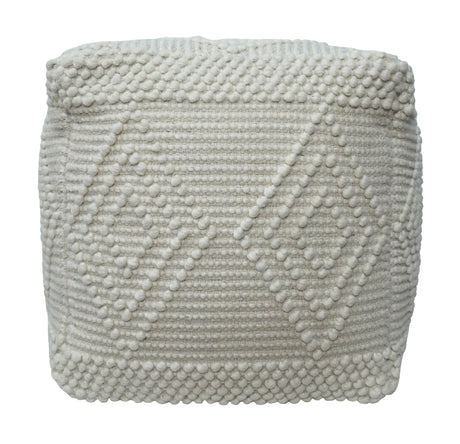 Modern Geometrical Pattern White Hand Woven Wool Pouf