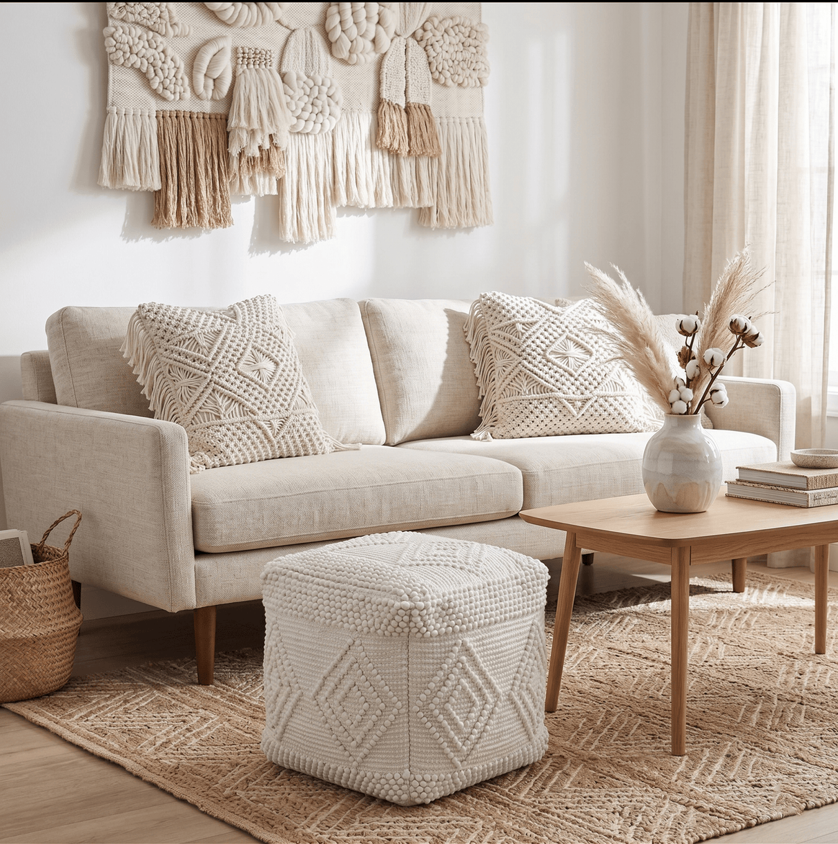 Modern Geometrical Pattern White Hand Woven Wool Pouf