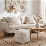 Modern Geometrical Pattern White Hand Woven Wool Pouf