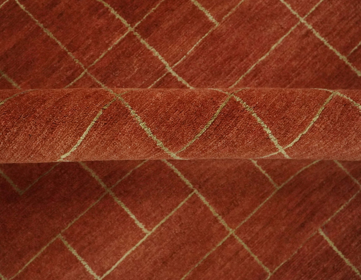 Modern Geometrical Rust and Gold 6x9 Hand loom Wool and Art Silk Area Rug-Area Rug-Parc Decor