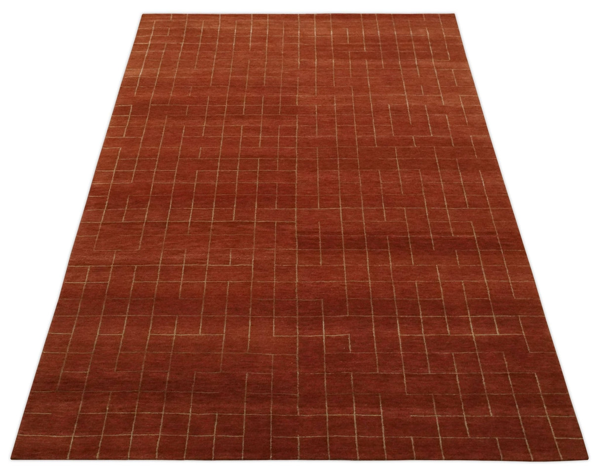 Modern Geometrical Rust and Gold 6x9 Hand loom Wool and Art Silk Area Rug-Area Rug-Parc Decor