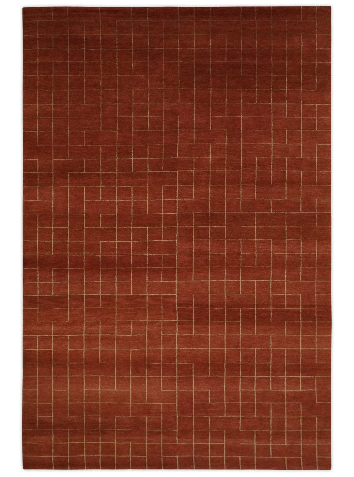 Modern Geometrical Rust and Gold 6x9 Hand loom Wool and Art Silk Area Rug-Area Rug-Parc Decor