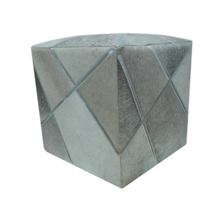 Modern Geometrical Shades of Gray and Ivory Genuine Leather Pouf-Pouf-Parc Decor