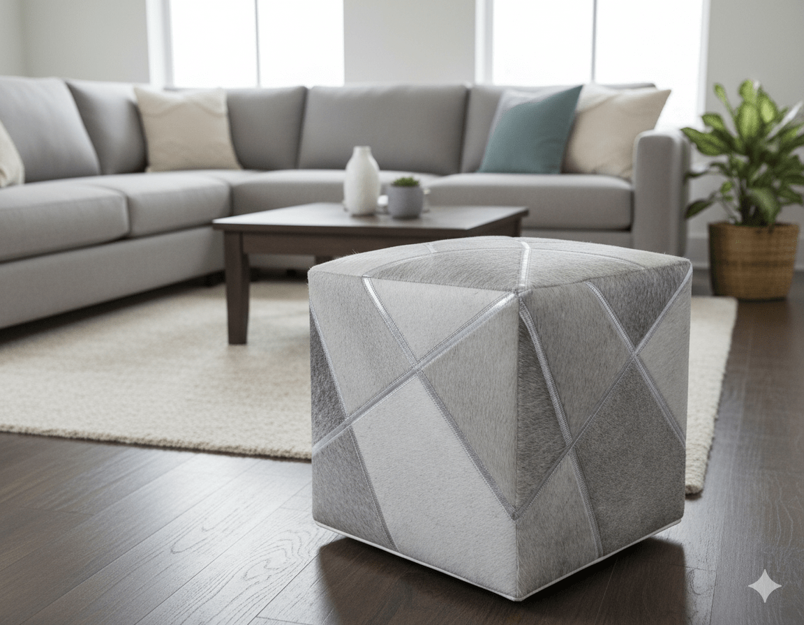 Modern Geometrical Shades of Gray and Ivory Genuine Leather Pouf