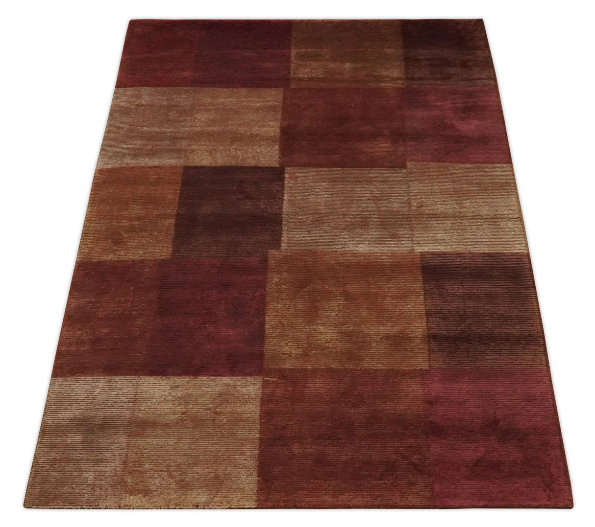 Modern Geometrical Square Shades of Brown Hand Knotted Stripes texture 4.6x6.6 wool and art silk Area rug-Area Rug-Parc Decor