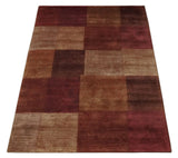 Modern Geometrical Square Shades of Brown Hand Knotted Stripes texture 4.6x6.6 wool and art silk Area rug-Area Rug-Parc Decor