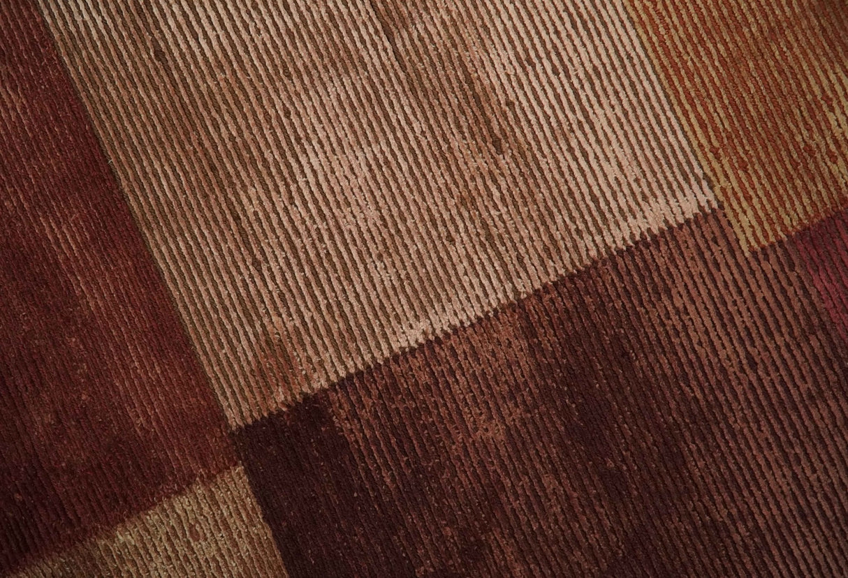 Modern Geometrical Square Shades of Brown Hand Knotted Stripes texture 4.6x6.6 wool and art silk Area rug-Area Rug-Parc Decor