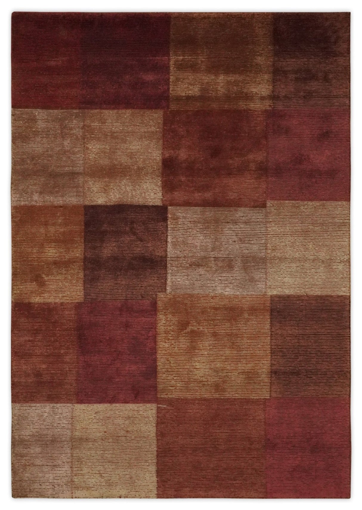 Modern Geometrical Square Shades of Brown Hand Knotted Stripes texture 4.6x6.6 wool and art silk Area rug-Area Rug-Parc Decor