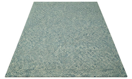 Modern Geometrical Teal and Ivory Hand Tufted Custom Made wool area rug