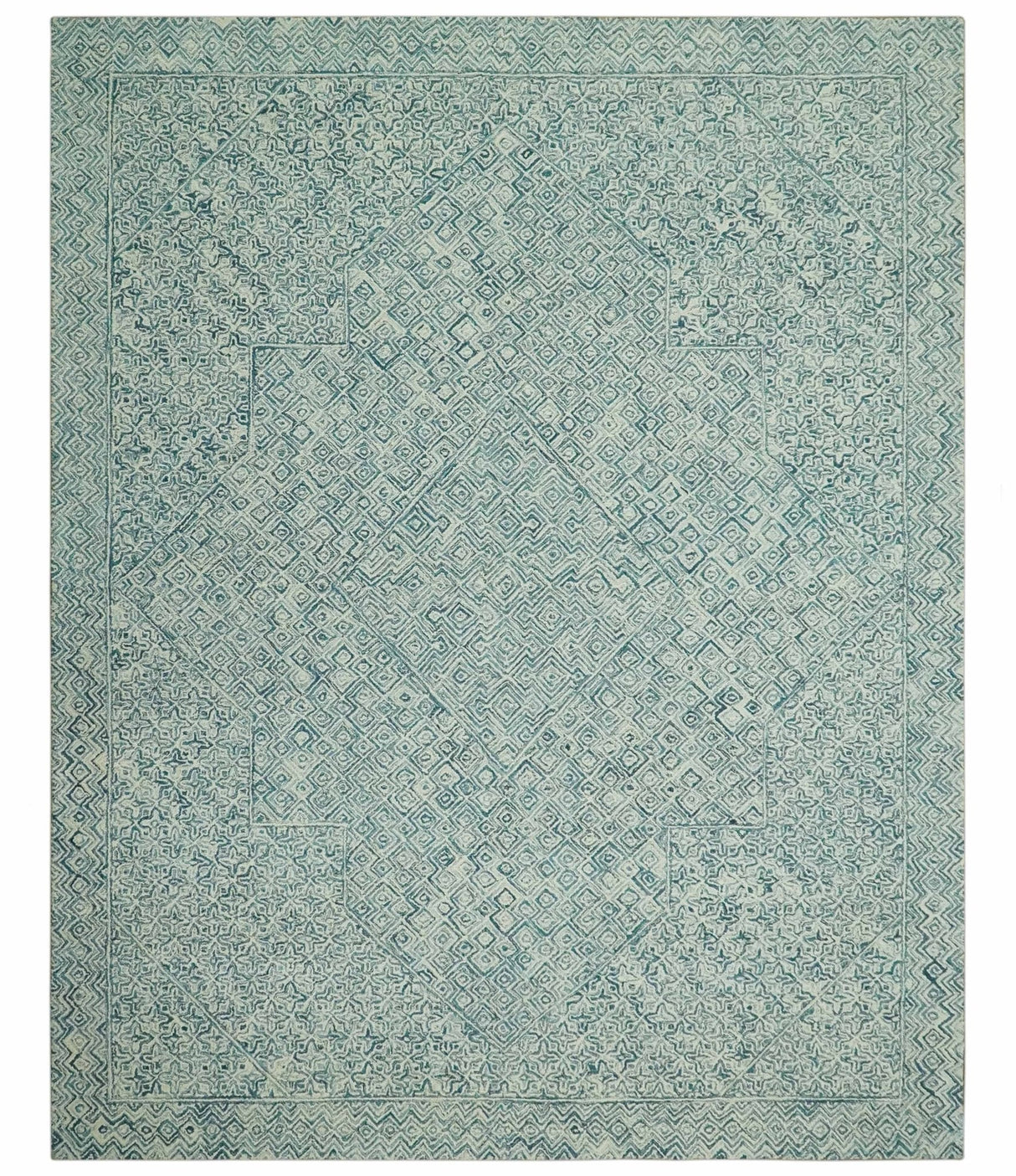 Modern Geometrical Teal and Ivory Hand Tufted Custom Made wool area rug