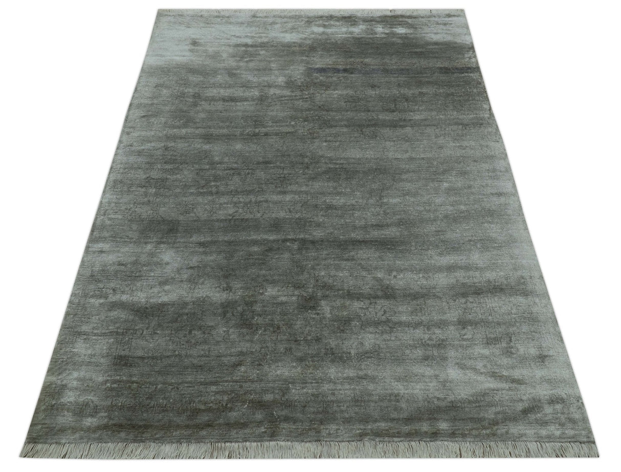 Modern Gray Solid Design 6x8.7 Hand Knotted Wool Area Rug