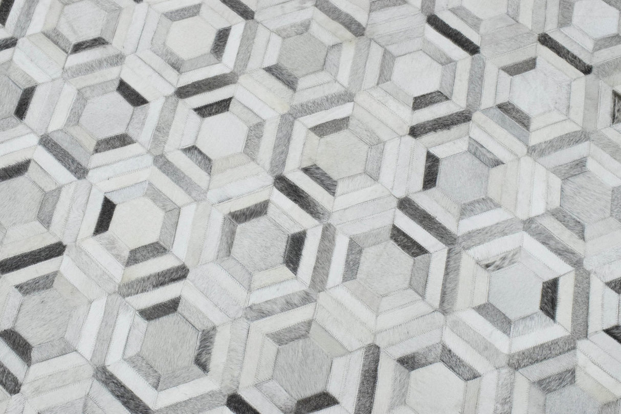 Modern Handmade Ivory and Silver Genuine Leather Area Rug