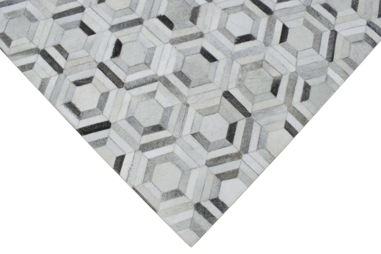 Modern Handmade Ivory and Silver Genuine Leather Area Rug