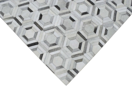 Modern Handmade Ivory and Silver Genuine Leather Area Rug