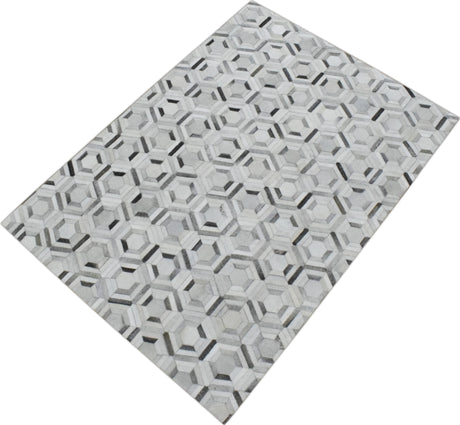 Modern Handmade Ivory and Silver Genuine Leather Area Rug