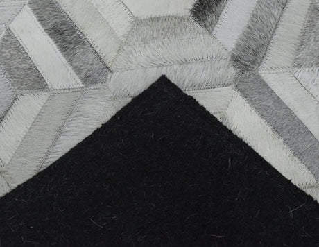 Modern Handmade Ivory and Silver Genuine Leather Area Rug