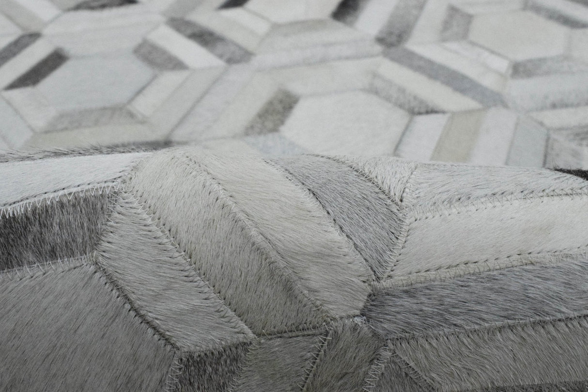Modern Handmade Ivory and Silver Genuine Leather Area Rug