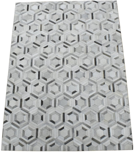 Modern Handmade Ivory and Silver Genuine Leather Area Rug