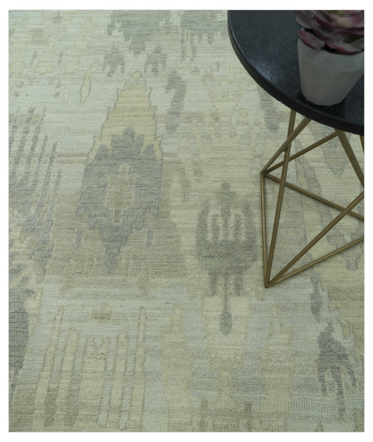 Modern Ikat Design distressed Beige And Charcoal Hand Knotted Custom Made wool rug
