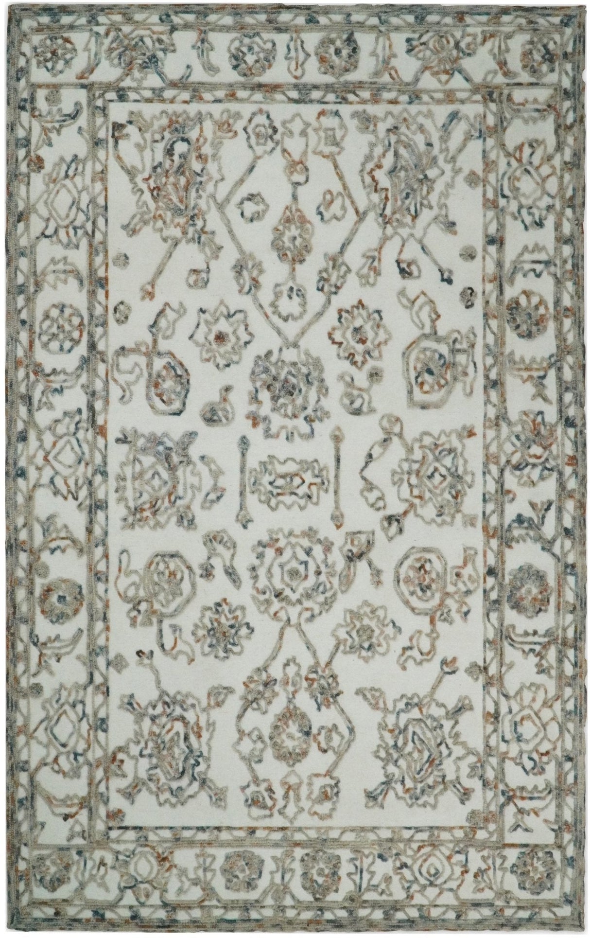Modern Ivory And Blue Hand Tufted 5x8 Wool Textured Loop Area Rug