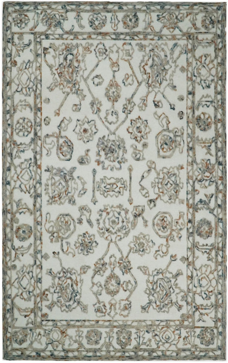 Modern Ivory And Blue Hand Tufted 5x8 Wool Textured Loop Area Rug
