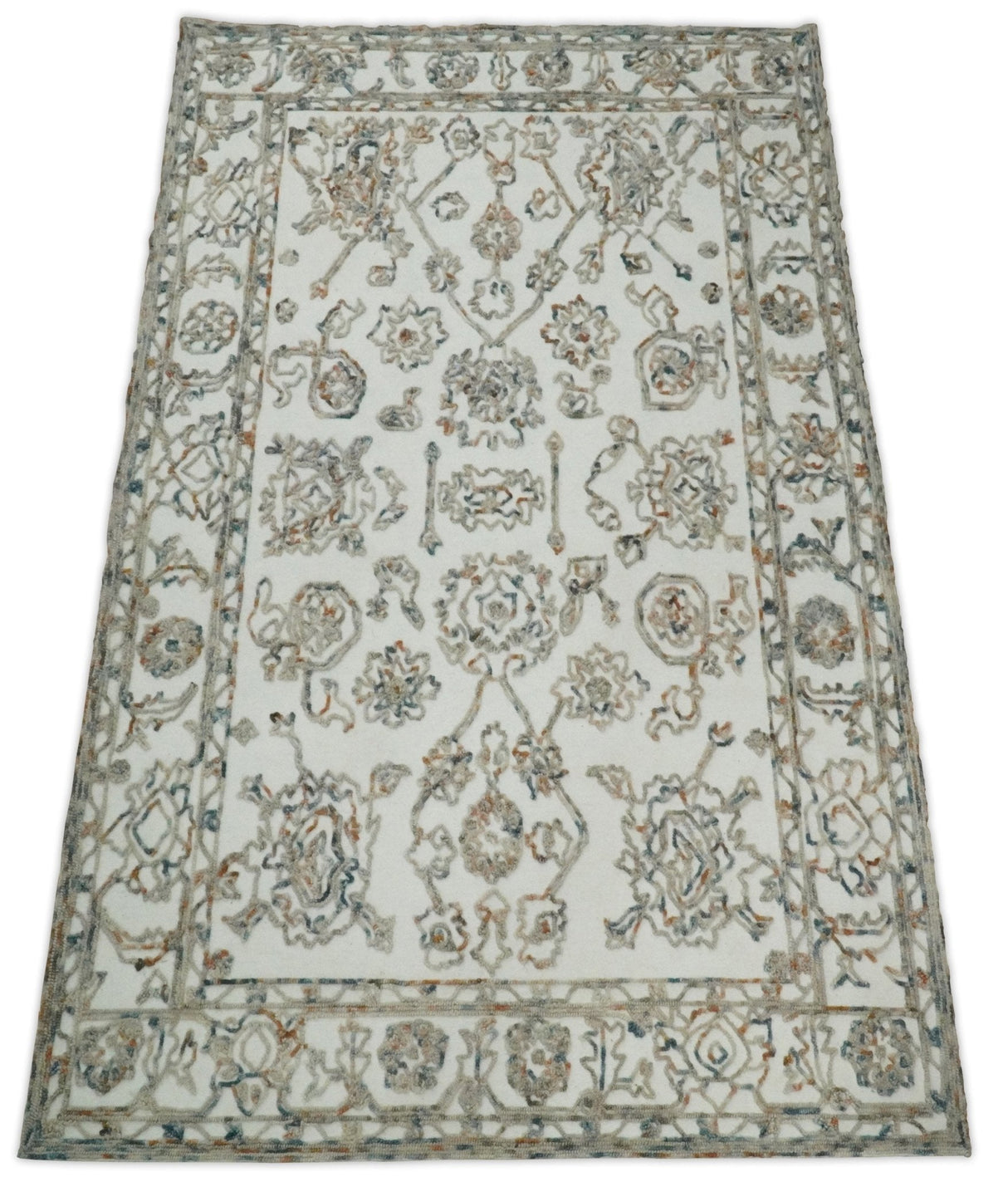 Modern Ivory And Blue Hand Tufted 5x8 Wool Textured Loop Area Rug