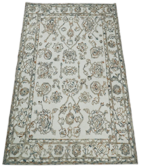 Modern Ivory And Blue Hand Tufted 5x8 Wool Textured Loop Area Rug