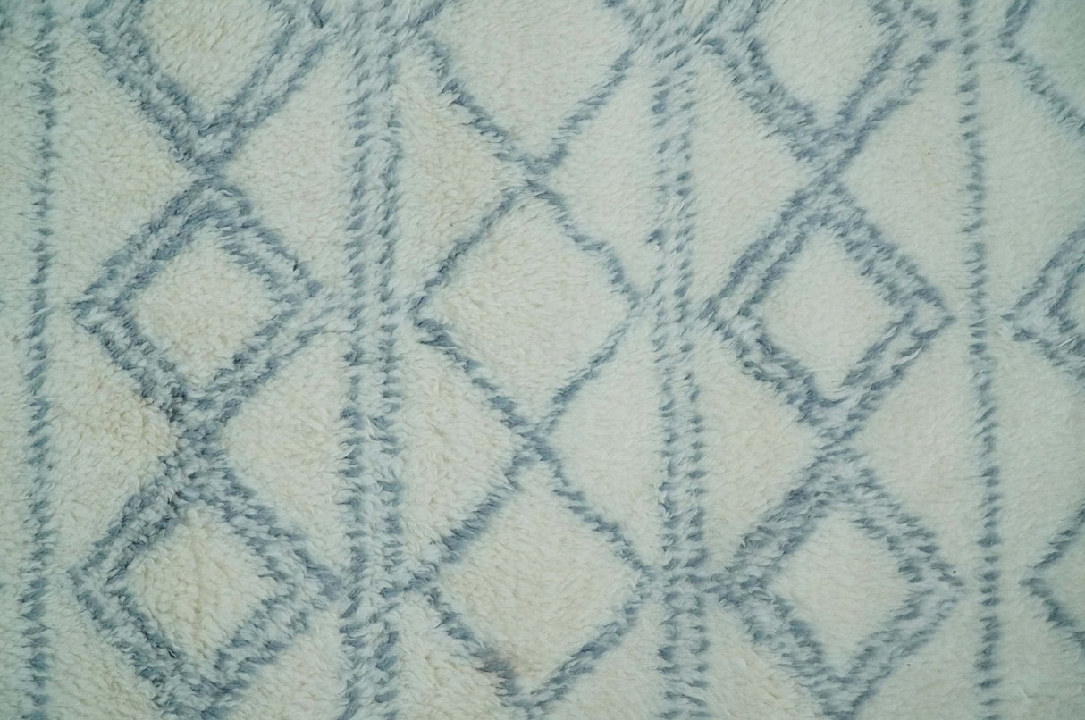 Modern Ivory and Blue Moroccan Hand Made Wool Area Rug