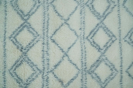 Modern Ivory and Blue Moroccan Hand Made Wool Area Rug