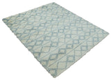 Modern Ivory and Blue Moroccan Hand Made Wool Area Rug