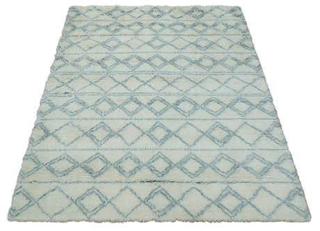 Modern Ivory and Blue Moroccan Hand Made Wool Area Rug