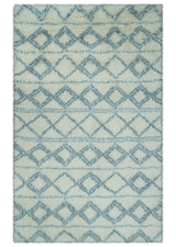 Modern Ivory and Blue Moroccan Hand Made Wool Area Rug