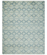 Modern Ivory and Blue Moroccan Hand Made Wool Area Rug