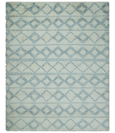 Modern Ivory and Blue Moroccan Hand Made Wool Area Rug
