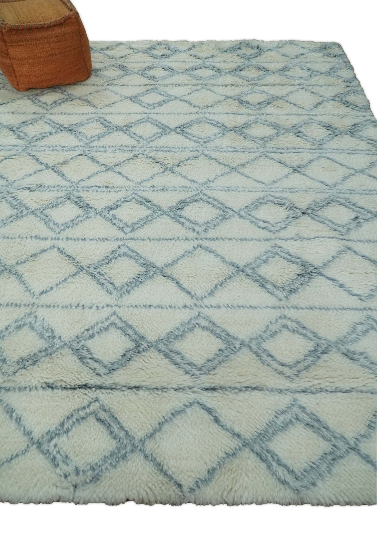 Modern Ivory and Blue Moroccan Hand Made Wool Area Rug