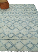 Modern Ivory and Blue Moroccan Hand Made Wool Area Rug