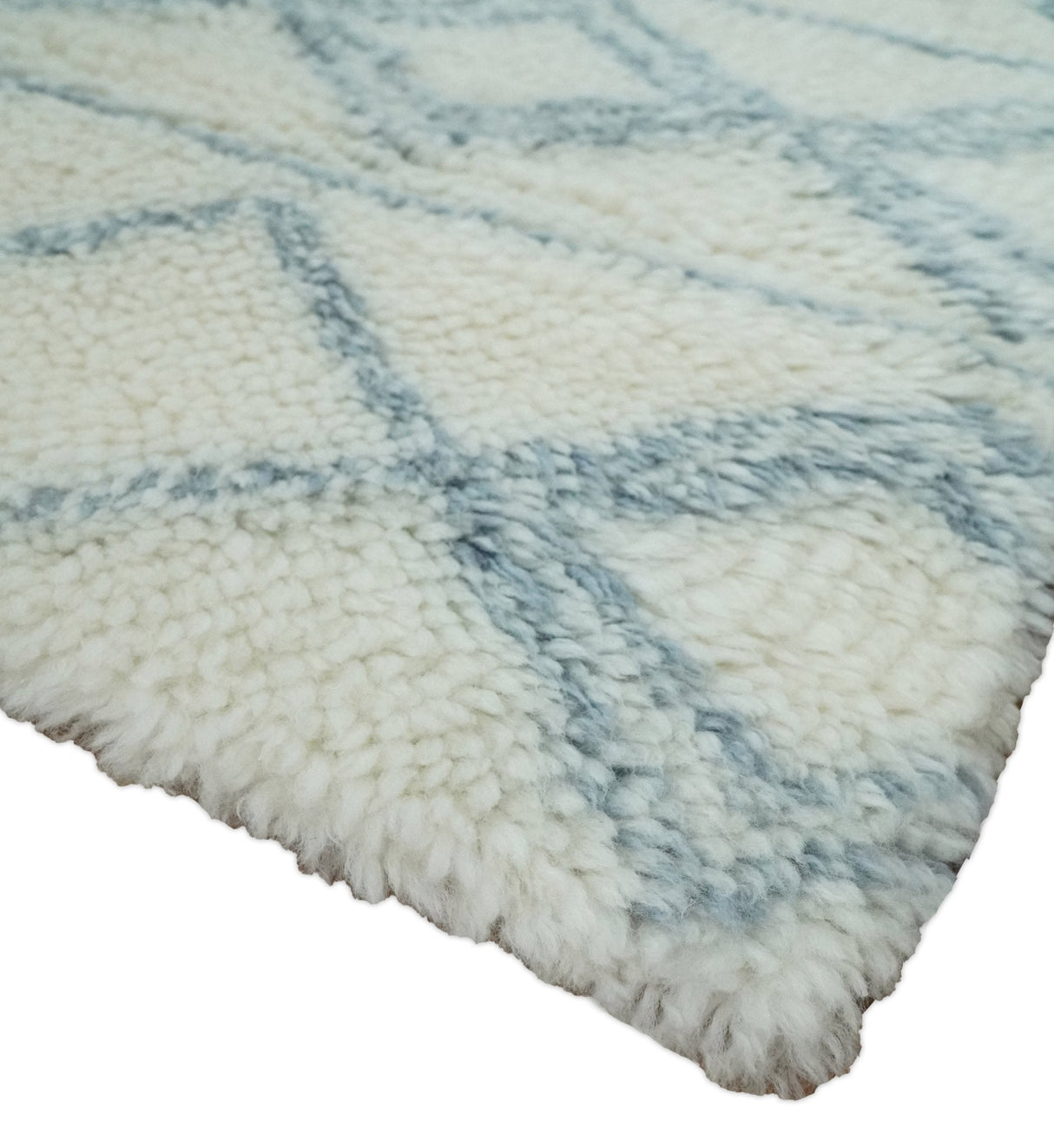 Modern Ivory and Blue Moroccan Hand Made Wool Area Rug