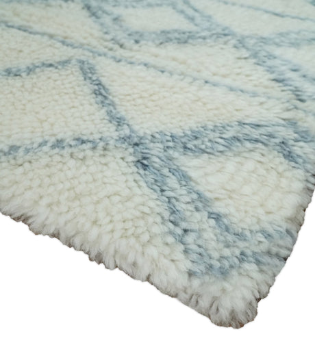 Modern Ivory and Blue Moroccan Hand Made Wool Area Rug