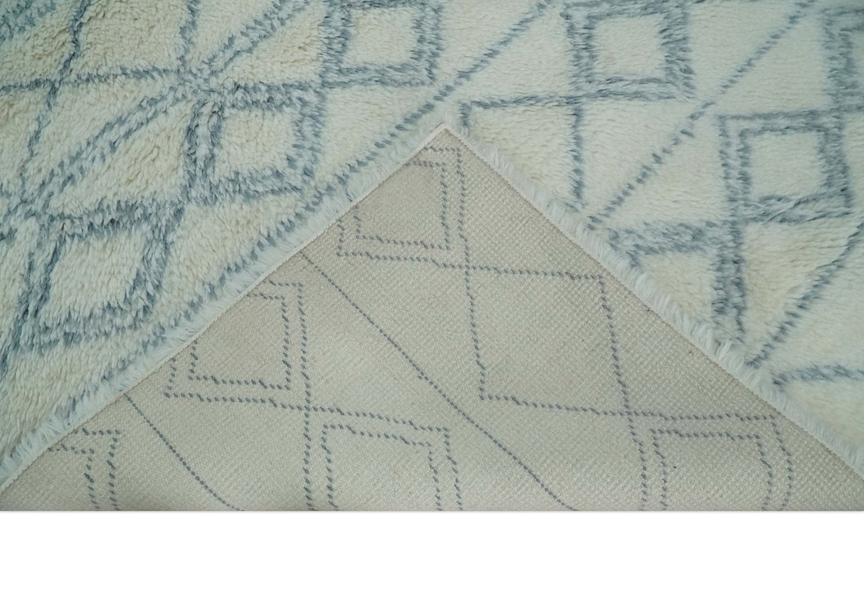 Modern Ivory and Blue Moroccan Hand Made Wool Area Rug