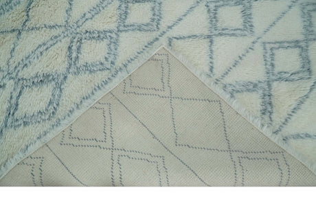 Modern Ivory and Blue Moroccan Hand Made Wool Area Rug