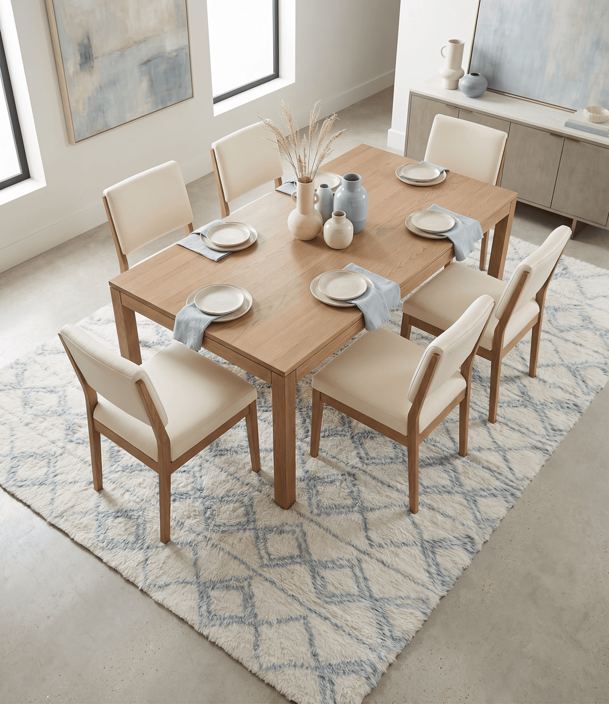 Modern Ivory and Blue Moroccan Hand Made Wool Area Rug