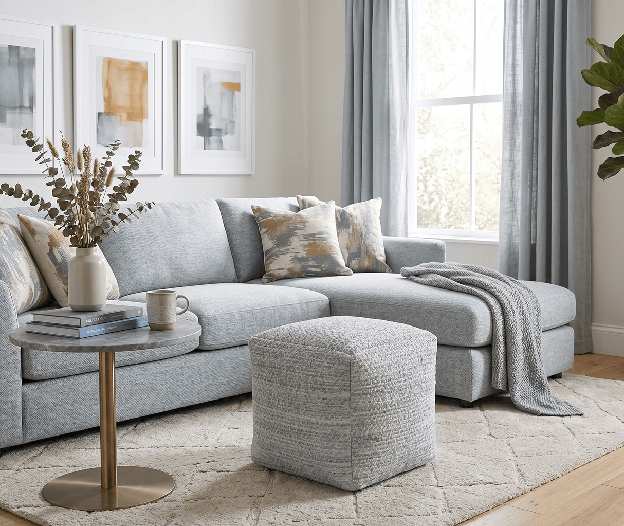 Modern Ivory and Gray Handwoven Viscose Pouf