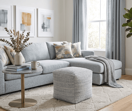 Modern Ivory and Gray Handwoven Viscose Pouf